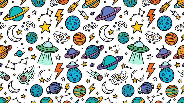 Colorful outer space seamless pattern with planets stars and ufos