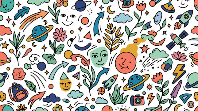 Playful seamless pattern featuring space exploration and floral doodles