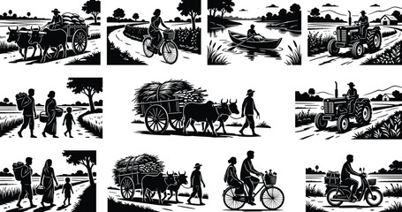 Rural Indian Village Life Silhouettes Collection with Farmers, Oxen Carts, Tractors, and Traditional Agricultural Activities © Abdul