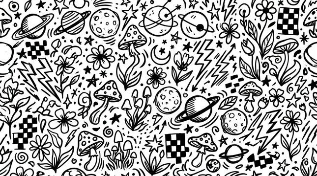 Psychedelic doodle seamless pattern with planets mushrooms and stars