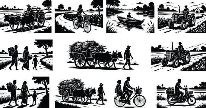 Rural Indian Village Life Silhouettes Collection with Farmers, Oxen Carts, Tractors, and Traditional Agricultural Activities