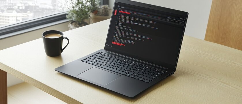 Laptop with code on screen coffee on desk modern workplace