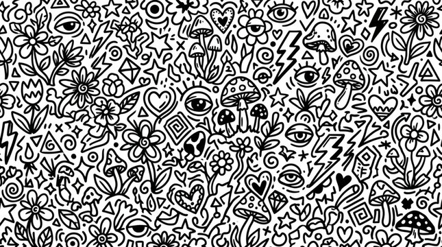 Seamless psychedelic doodle pattern with mushrooms eyes and flowers
