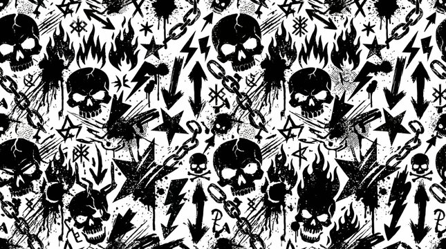 Grunge skull and flame seamless punk pattern with chains and stars
