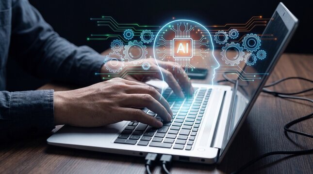 Ai coding with assistant software as a programmer types on a laptop, showcasing development and automation through digital interface and gear