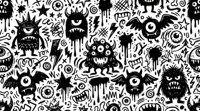 Seamless pattern with edgy hand drawn monster doodles and graffiti