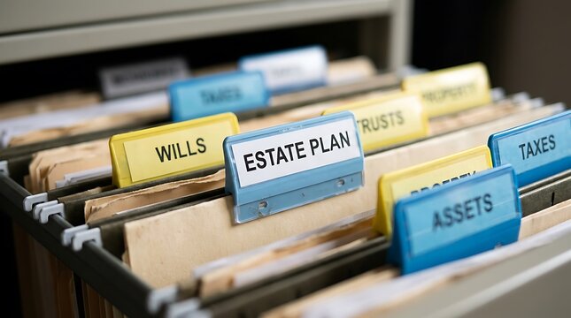 Close up of a filing cabinet drawer filled with organized hanging folders labeled with estate planning documents like wills, assets, and taxes