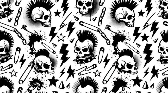 Punk rock seamless pattern with mohawk skulls and safety pins