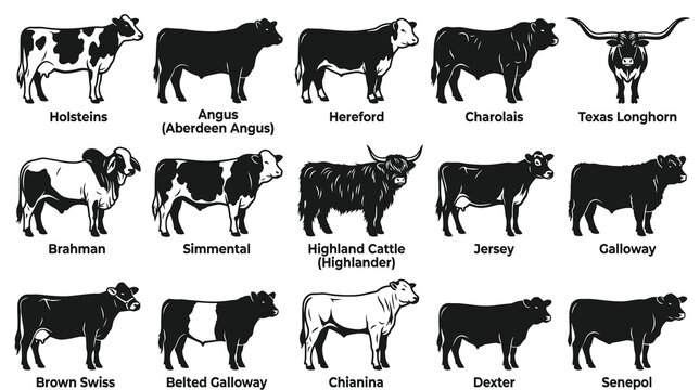 Agriculture and Farming Livestock: Black and White Silhouette Vector Set of Various Cow Breeds Icons