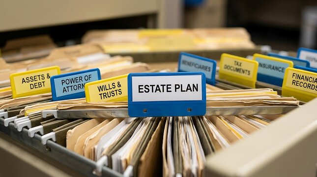 Close up of a filing cabinet drawer filled with organized hanging folders labeled for estate planning and legal financial documentation