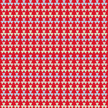 Padr&atilde;o sem emendas com flores geom&eacute;tricas estilizadas em tons suaves sobre fundo vermelho intenso. Design repetitivo ideal para tecidos, pap&eacute;is de parede, embalagens e projetos gr&aacute;ficos.