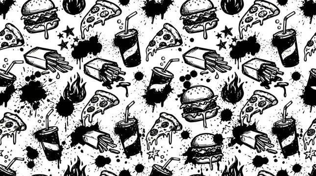 Seamless pattern of hand drawn fast food sketches with ink splatters