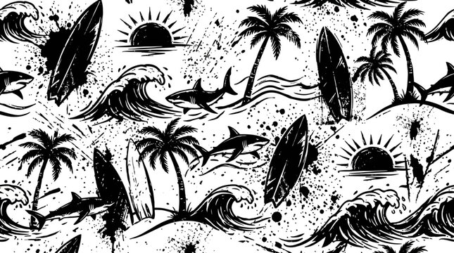 Distressed surfing pattern with sharks waves and palm trees