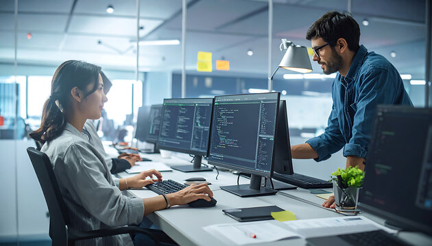 Colleagues collaborating on programming code on computer screens in a modern office, discussing software development