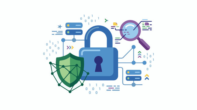 A blue padlock and green shield surrounded by digital elements and binary code