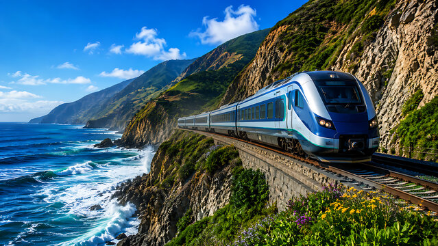 Scenic Coastal Train Journey Along Mountain Cliffs Overlooking Ocean with Blue Sky and Nature Landscape