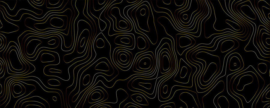 Topographic map pattern with thin, wavy golden lines on a solid black background, creating a fluid, organic, and abstract contour texture