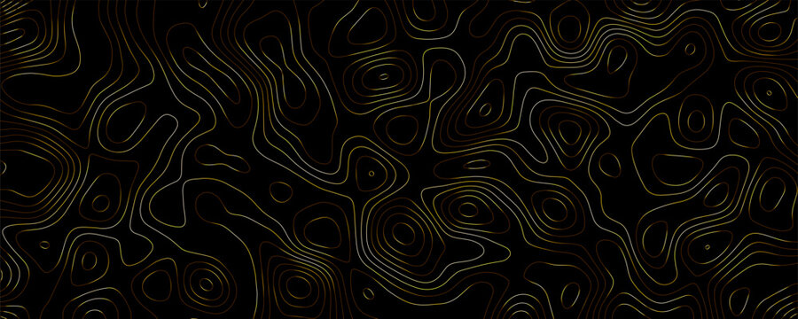 Gold topographic contour lines on a solid black background, abstract wavy linear pattern representing elevation maps or fluid motion