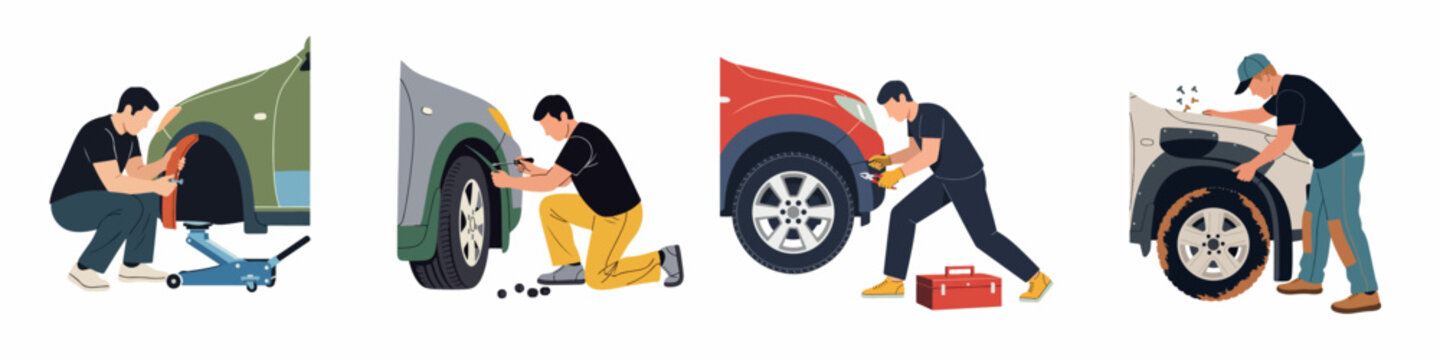 Set of flat vector illustrations showing men repairing cars, installing fender flares, using hydraulic jacks, and performing maintenance tasks in an auto body shop.