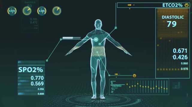 Digital human body anatomy scan hud overlay medical technology hologram health science biology diagnostic hologram health science biology diagnostic