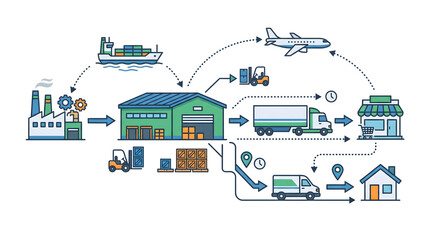 Fototapeta premium Supply chain logistics infographic showing product flow from factory to home delivery.