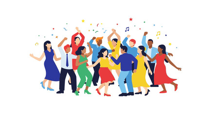 Fototapeta premium Diverse group of people dancing and celebrating, confetti and music notes
