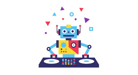 Naklejka premium Fun Robot DJ Playing Music with Geometric Shapes and Party Lights