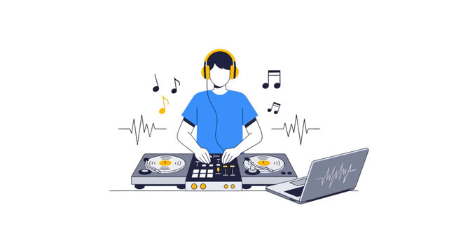 DJ playing music with turntable and laptop, modern vector illustration
