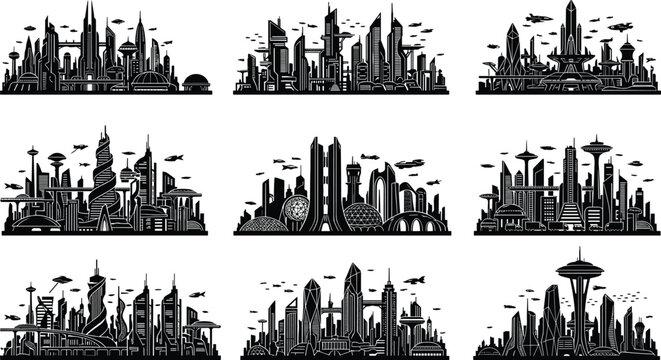 Set of futuristic city skyline silhouettes with sci-fi skyscrapers and flying vehicles isolated on white background