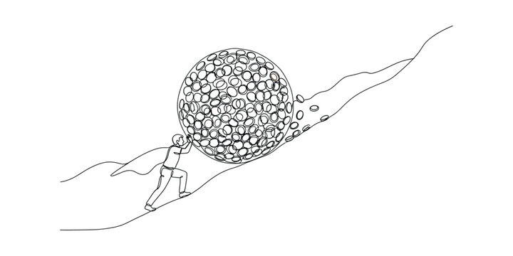 Man Pushing Large Ball Up Steep Hill.