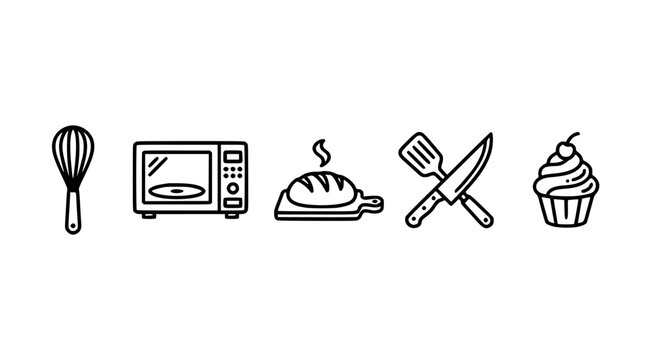 Utensil Icon Set with Whisk, Oven Mitt, Fork and Knife, Cupcake, and Cooking Symbols in Outline Style