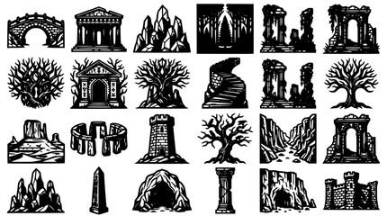 Fototapeta premium Monument Landmarks Collection Icons with Gothic, Classical, Tree, Lighthouse, and Volcano Silhouettes for Travel Concept Design