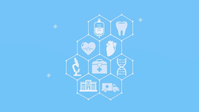 Minimalist graphic interface with tooth icon in a connected hexagonal grid on light blue background dental dentistry hexagon network medical