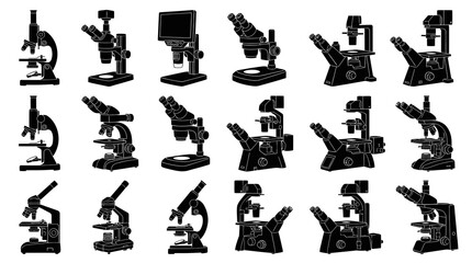 Obraz premium Vector Black and White Set of Microscopes for Science and Medical Industry