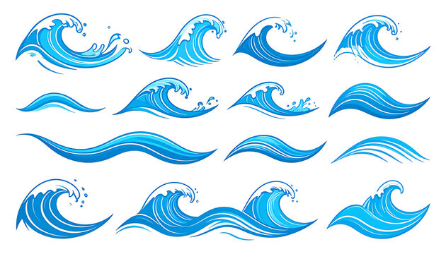 Collection of stylized pixel art ocean waves in various forms, dynamic water crests and flowing lines