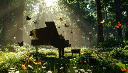 Naklejka premium Black grand piano in a sun-drenched woodland with butterflies.