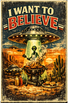 Vintage poster with an alien grilling burgers under a ufo beam with the text i want to believe