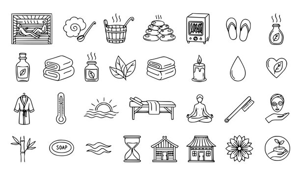 Hand Drawn Sauna Wellness Line Icons Vector Set with Relaxation and Spa Elements