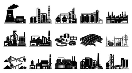 Naklejka premium Industrial Factory Silhouettes Icons Set - Vector Black White Glyph Art
