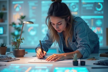 Fototapeta premium Young Woman Sketching at a DigitalSavvy Desk with Focused Expression
