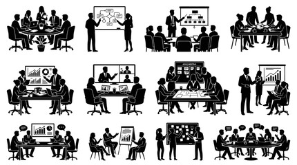 Obraz premium Business Meeting Silhouettes: Teamwork, Presentation, Collaboration, Office Vector Art