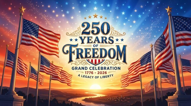 A patriotic banner celebrating the 250th Anniversary of America's Legacy and freedom, featuring the US flag, Liberty Bell, eagle, and historical documents.