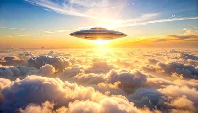 Flying Saucer Hovering Above Golden Clouds at Sunrise Sky