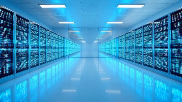 Server room with rows of illuminated data racks