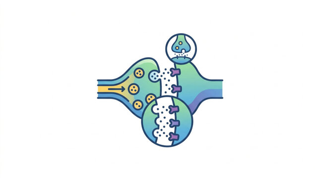 Synapse chemical transmission illustration showing neurotransmitters crossing gap.