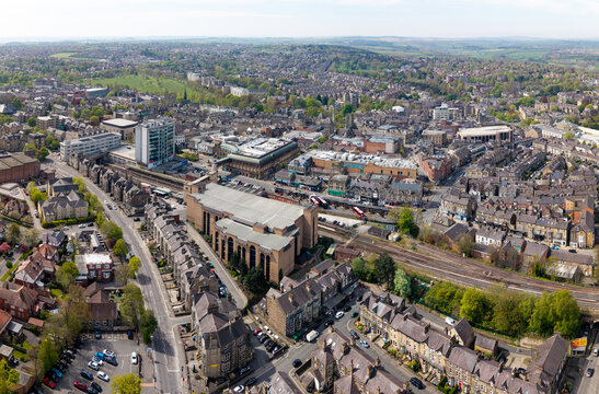 Aerial view of Harrogate Town centre with train station and high street shops