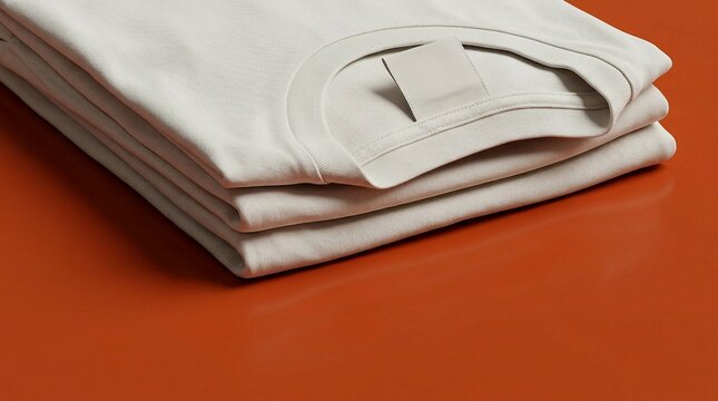 A stack of plain folded white t-shirts with a blank label on the top shirt resting on a vibrant orange surface