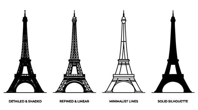 Eiffel Tower Icons Set of Four Vector Styles with Detailed Shaded Refining Lin Ar Minimal Lines and Solid Silhouette