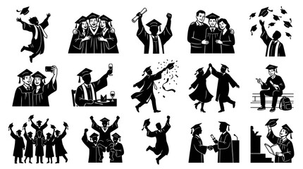 Obraz premium Graduation Celebration Black White Glyph Illustrations Set - Happy Students Academic Achievements