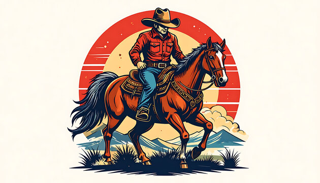 Cowboy riding horse at sunset, western scene with mountains and desert landscape, retro pixel art style